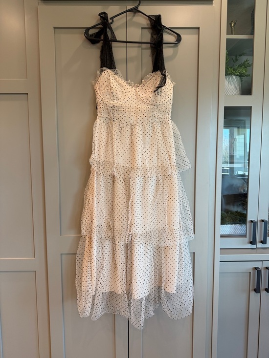 Vici Dresses & Skirts - Vici tan/black Polka Dot Tiered Dress with Black Shoulder Ties